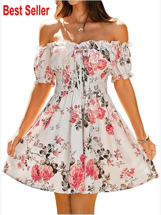 Dresses & Skirts - Polyester Off Shoulder Ruffle Puff Sleeve Smocked Short Dress